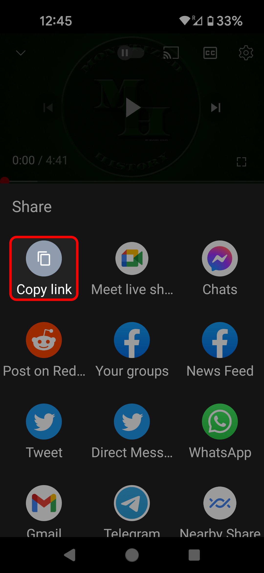 YouTube video share menu highlighting the copy link option