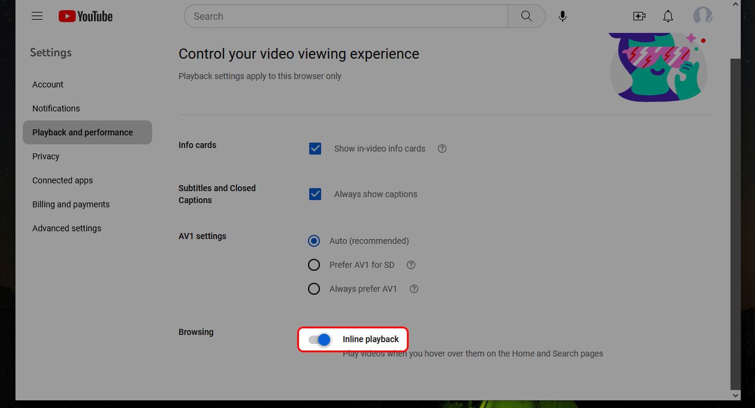 YouTube web Playback and performance menu highlighting the Inline playback toggle