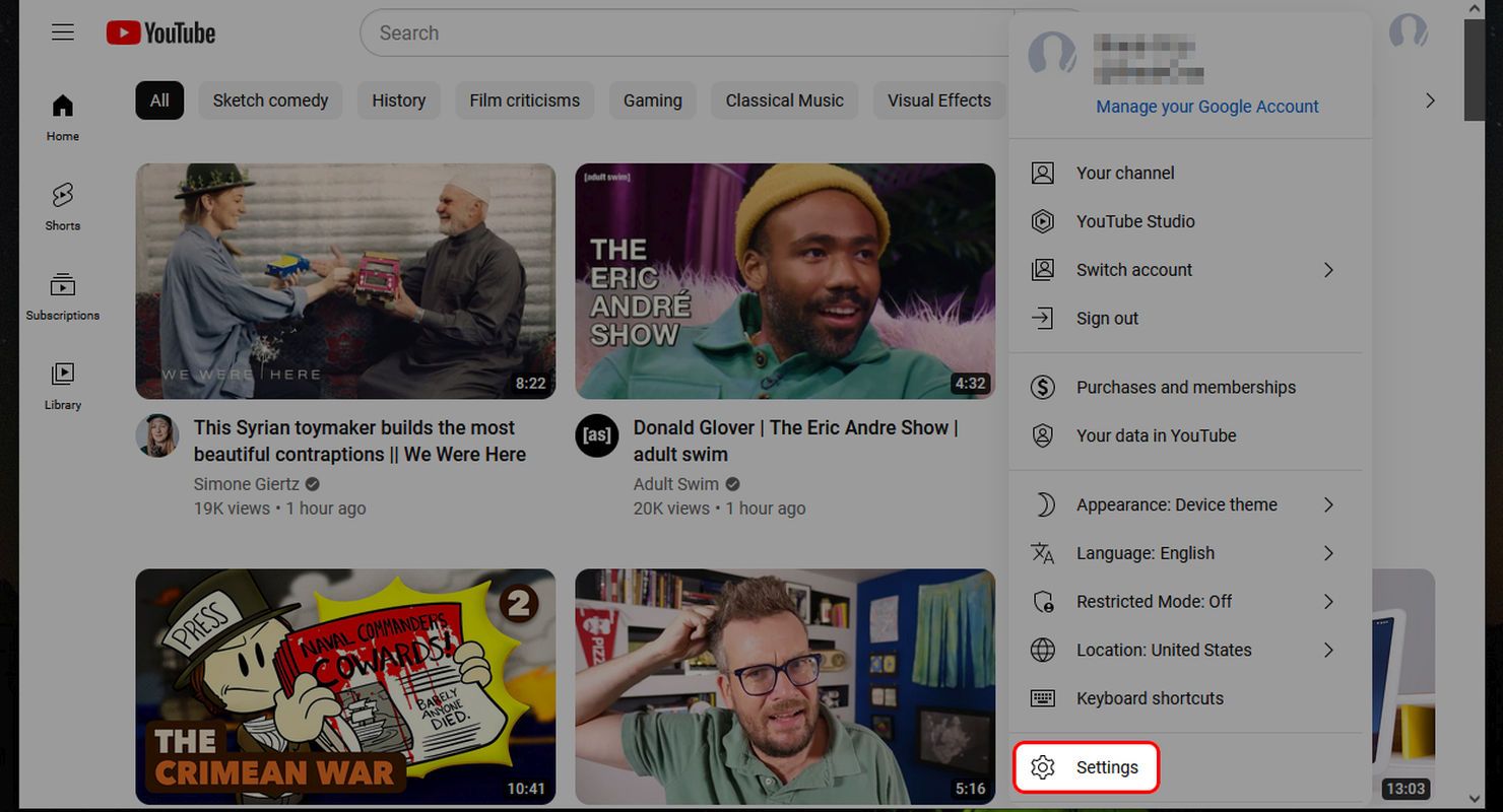 YouTube web profile menu highlighting the Settings option