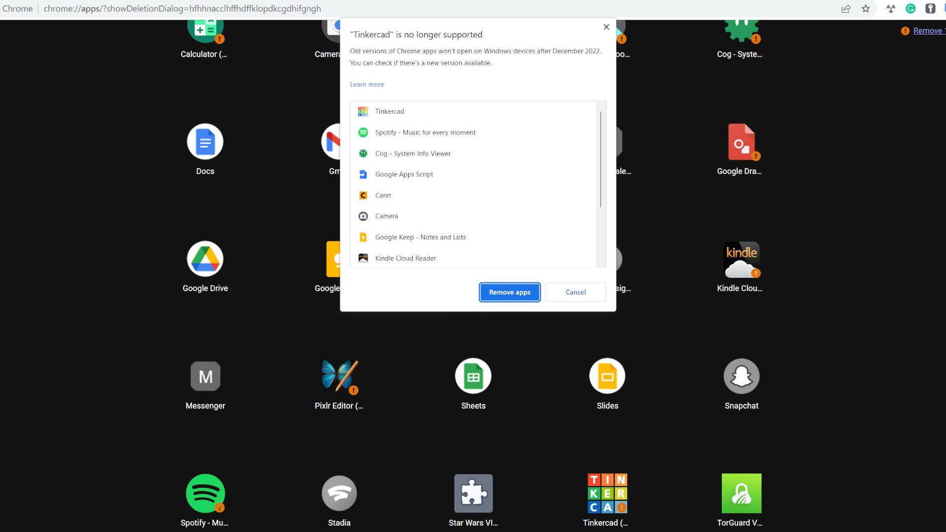 A screenshot of a Chrome browser showing unsupported Chrome apps