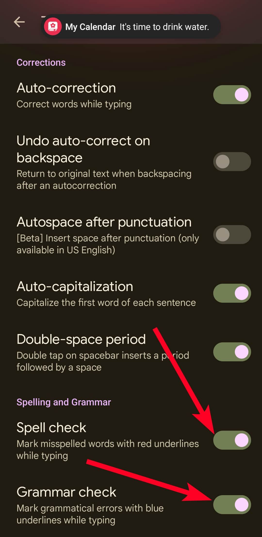 Activating Spelling and Grammar settings in Gboard settings menu