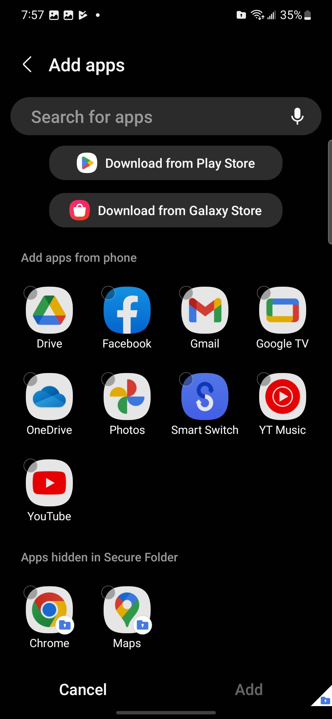 The add apps screen in Secure Folder