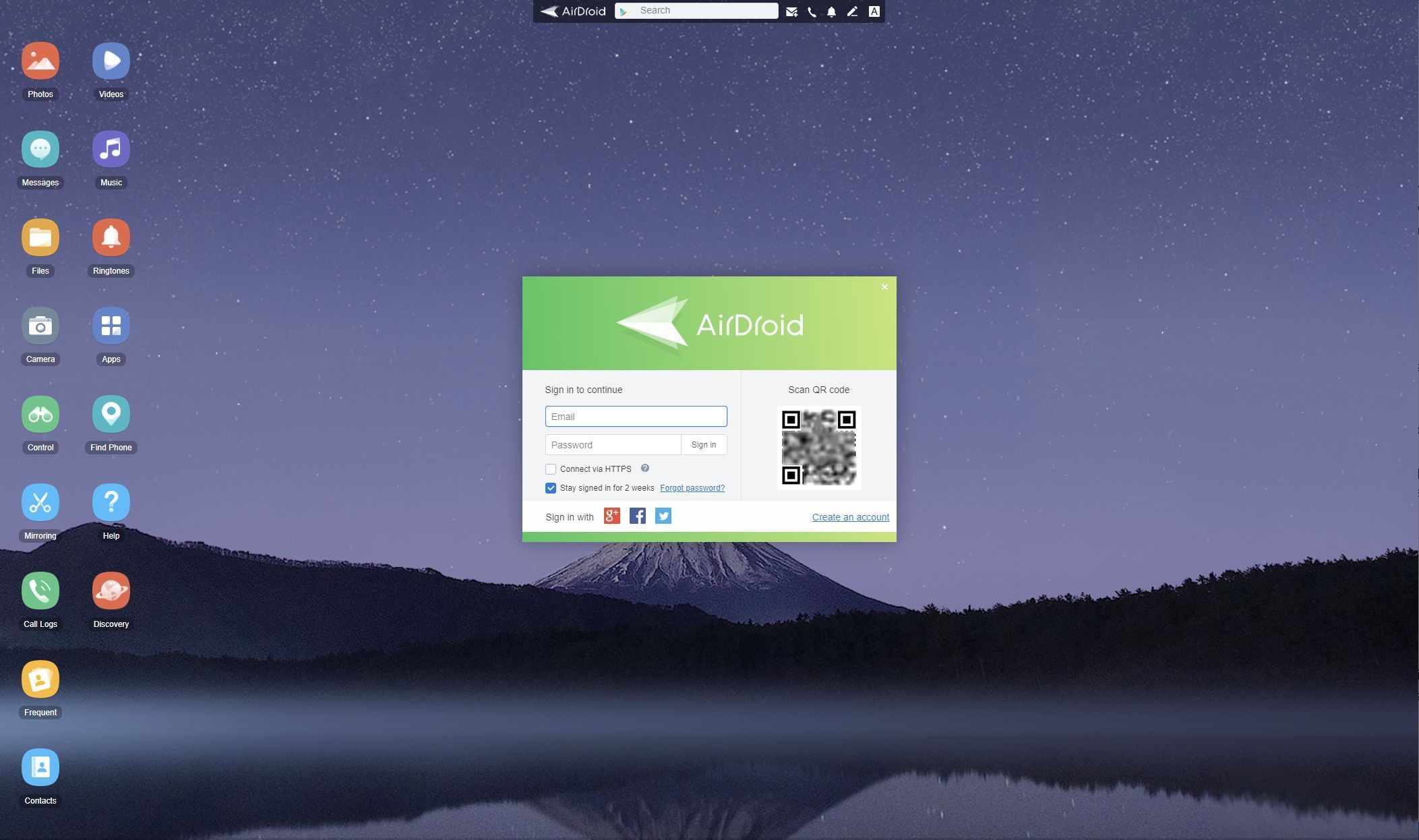 Screenshot of Scan QR code option in AirDroid