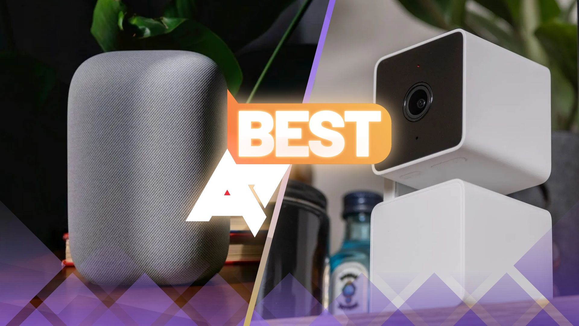 A Google Nest Audio and a security camera with an 'AP Best' logo in between them