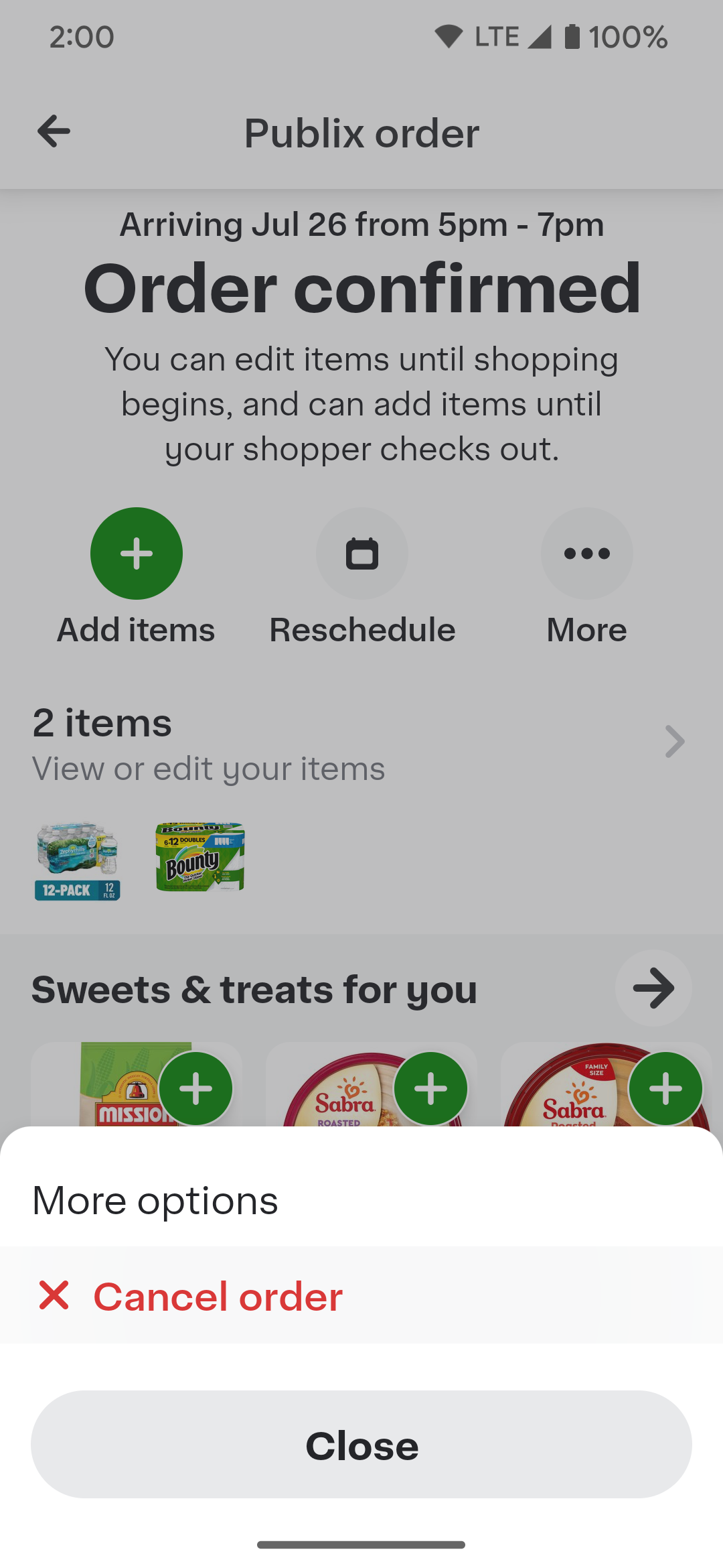 Pressing the Cancel order option for an Instacart order.