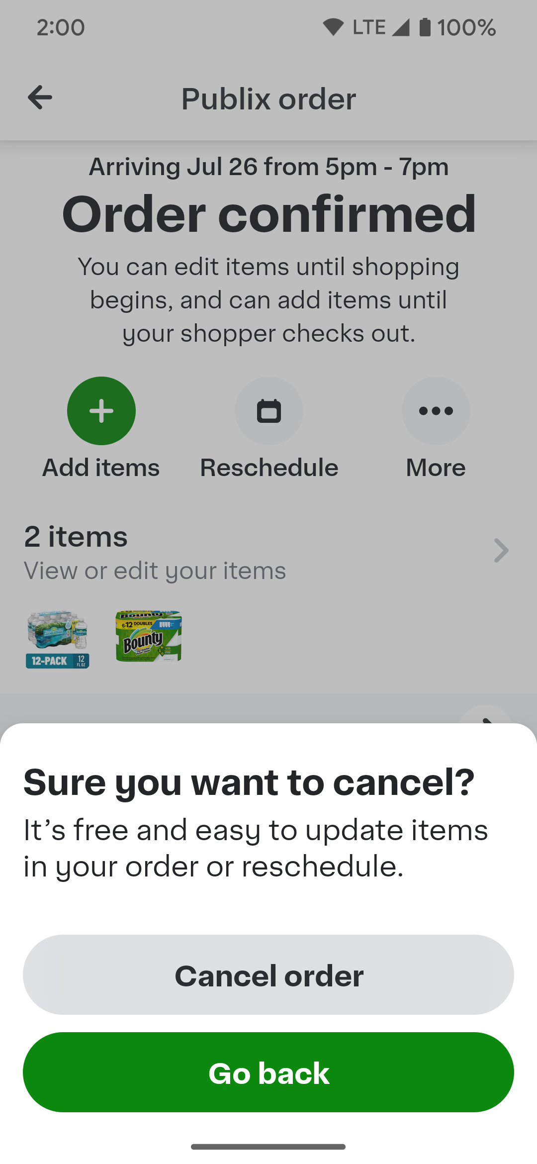 Confirming the order cancellation by pressing the Cancel order button in the Instacart app.