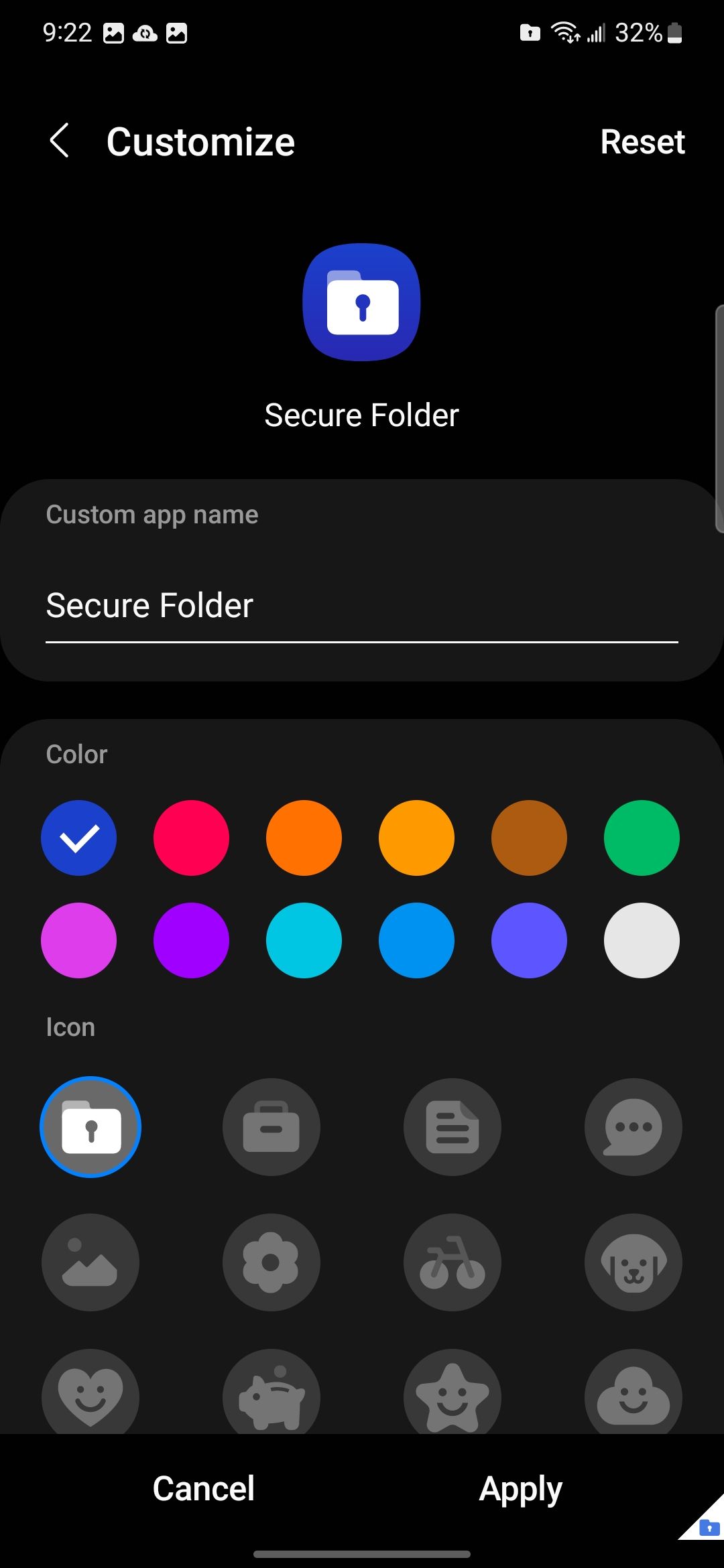 The customize settings for Secure Folder