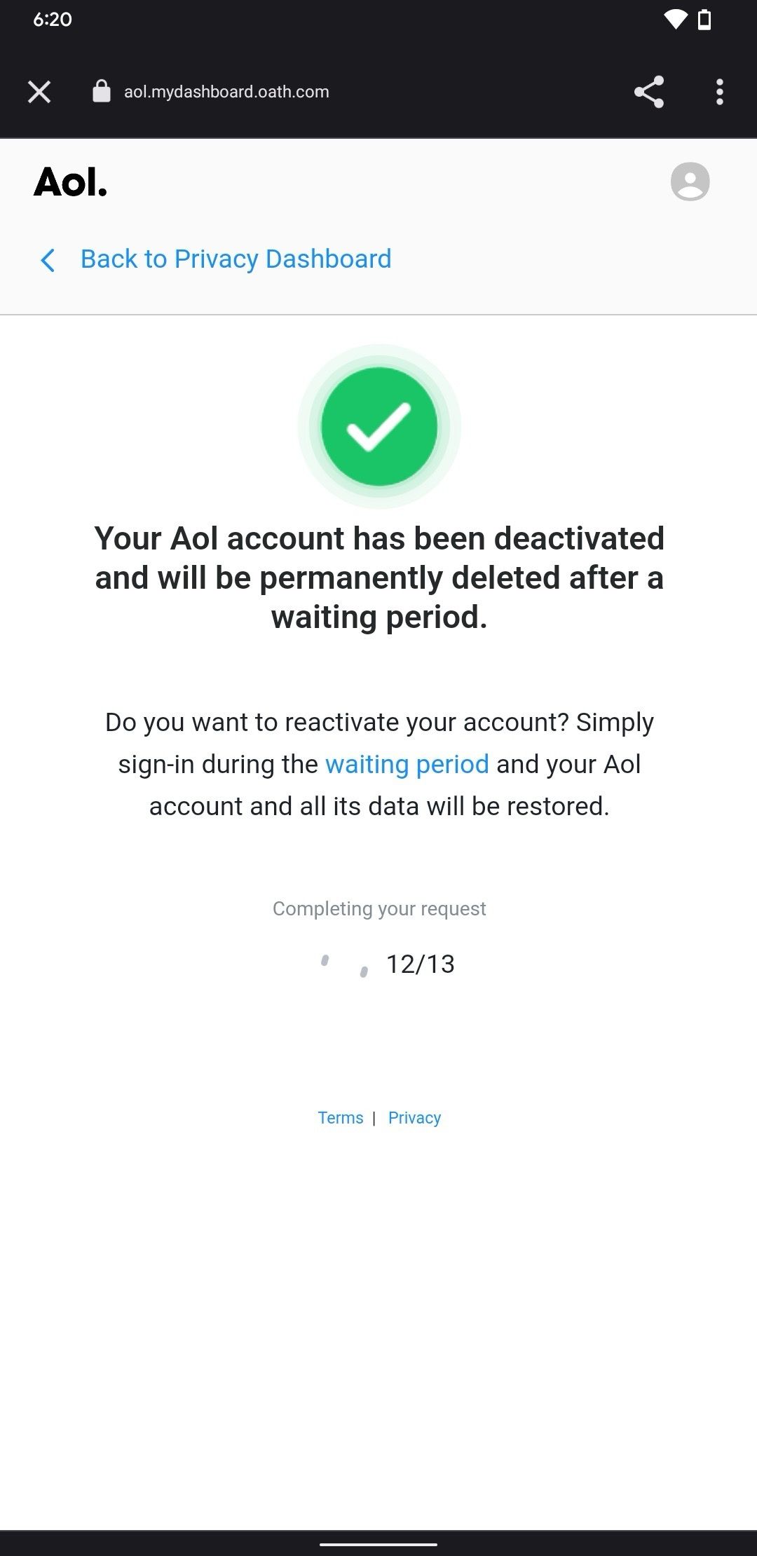 AOL account deletion page on Android screenshot