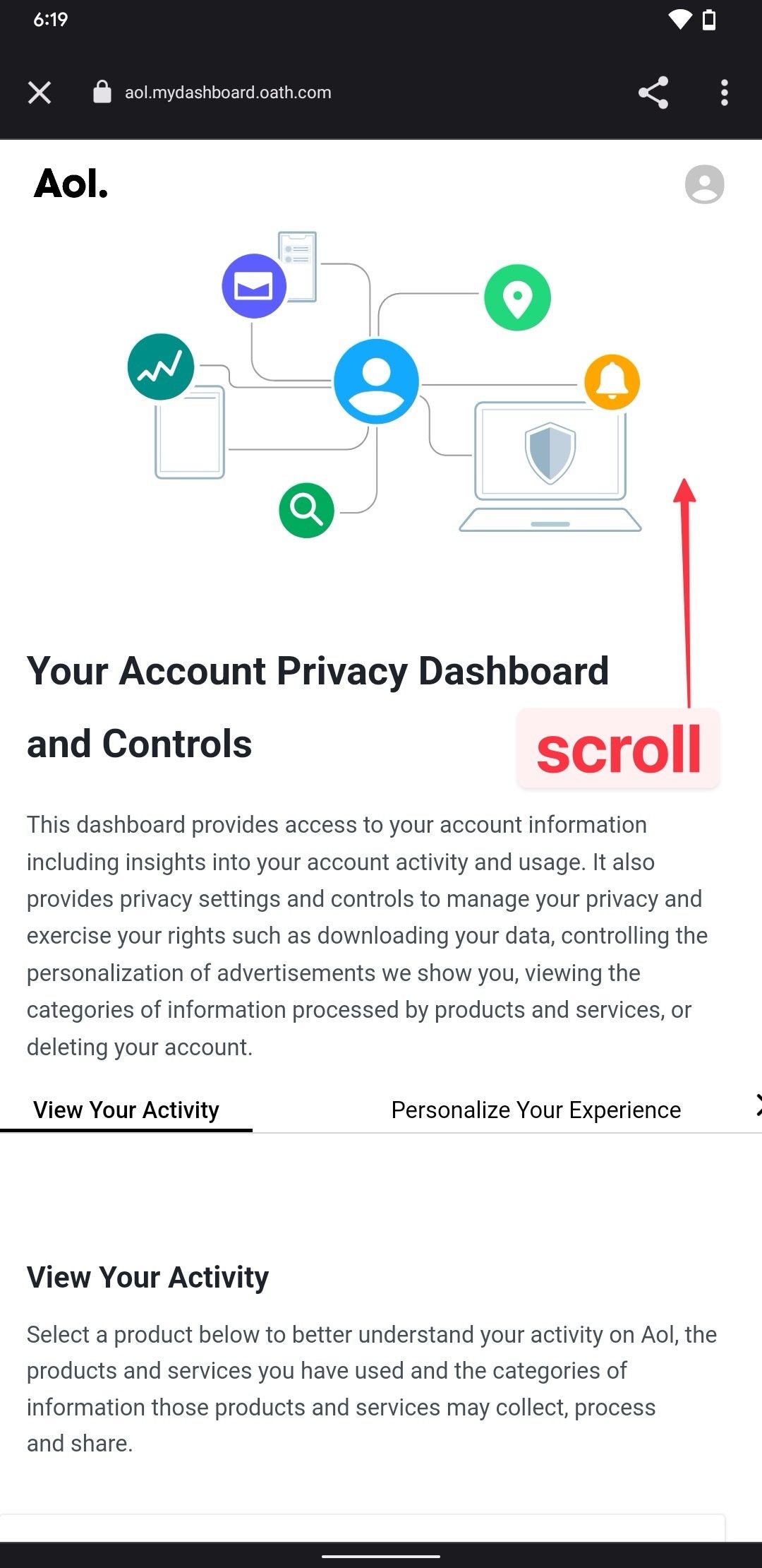 AOL mobile privacy dashboard page screenshot