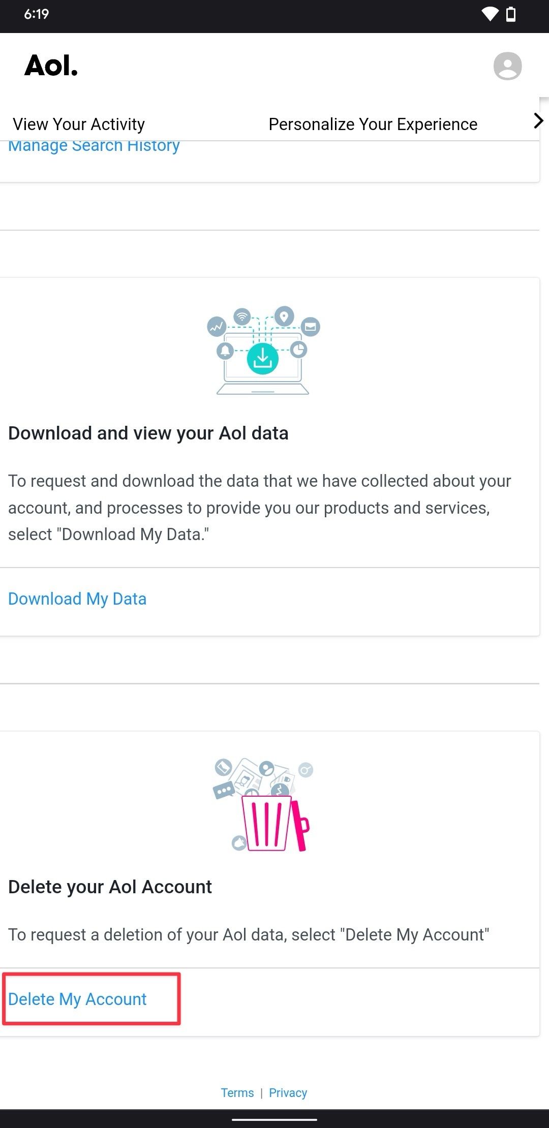 AOL mobile privacy dashboard page screenshot showing Delete my account button