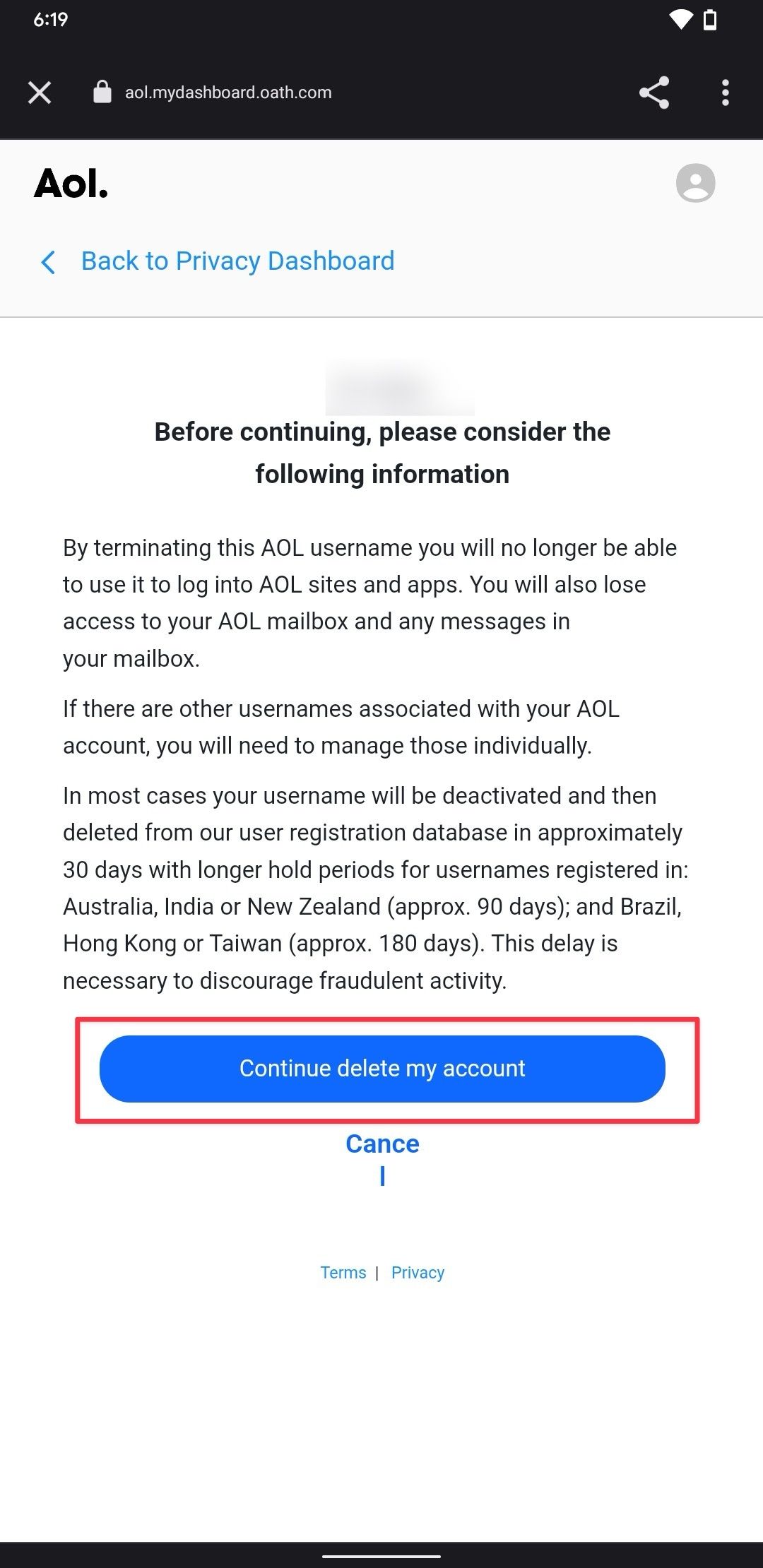 AOL mobile account deletion page screenshot
