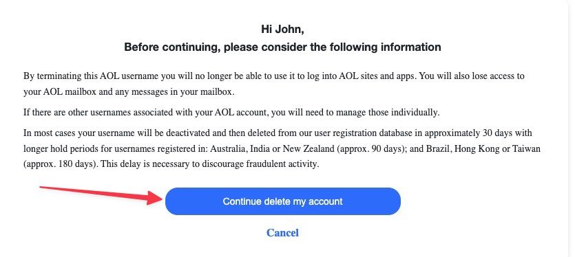 AOL account deletion page screenshot