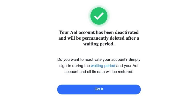 AOL account deletion confirmation page screenshot