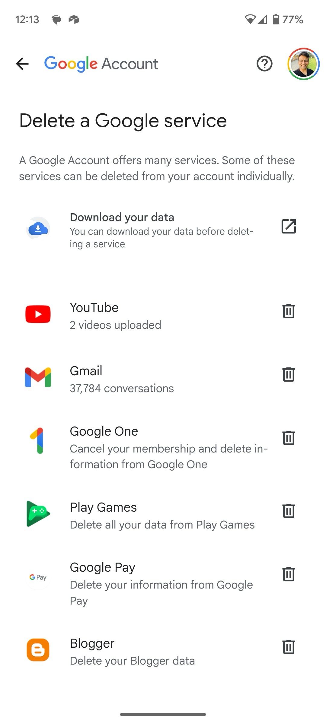select a google service to delete