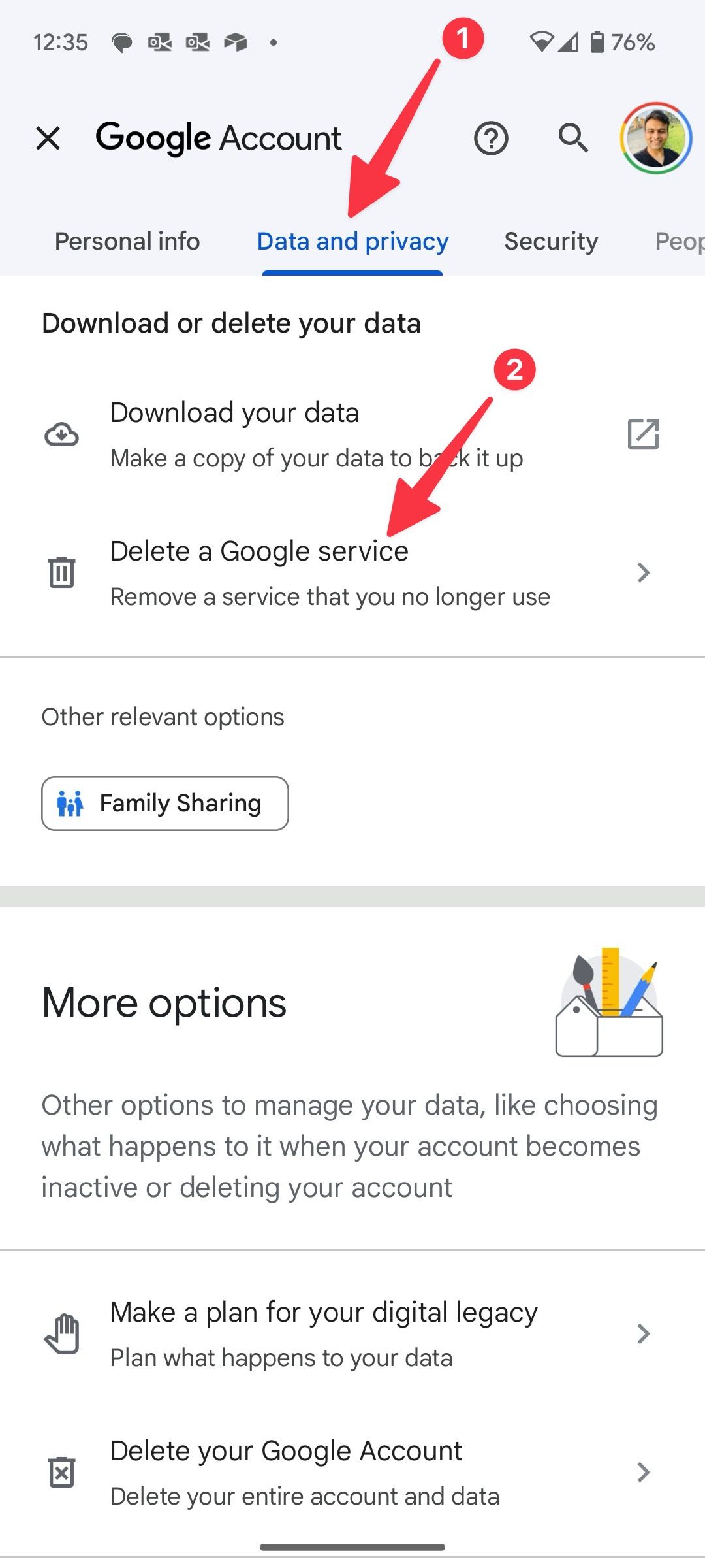 delete a google service on mobile