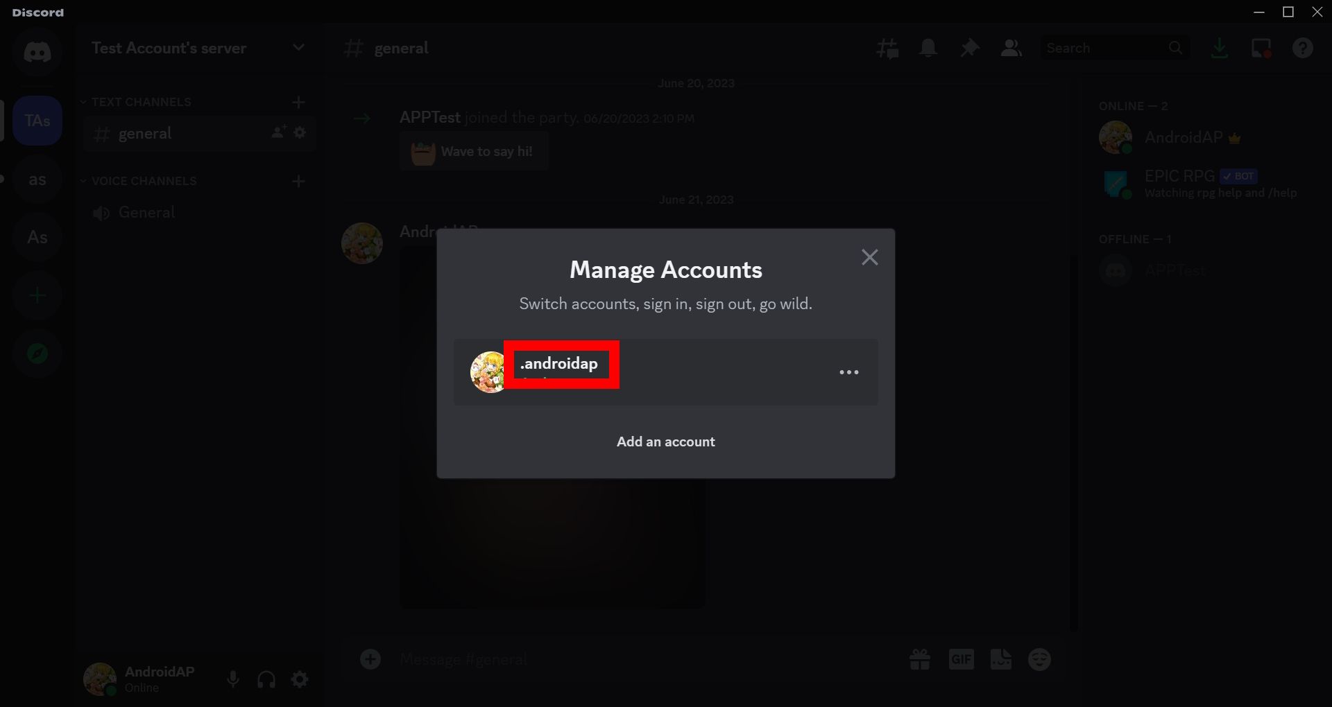Red rectangle over Discord username in Manage Accounts list