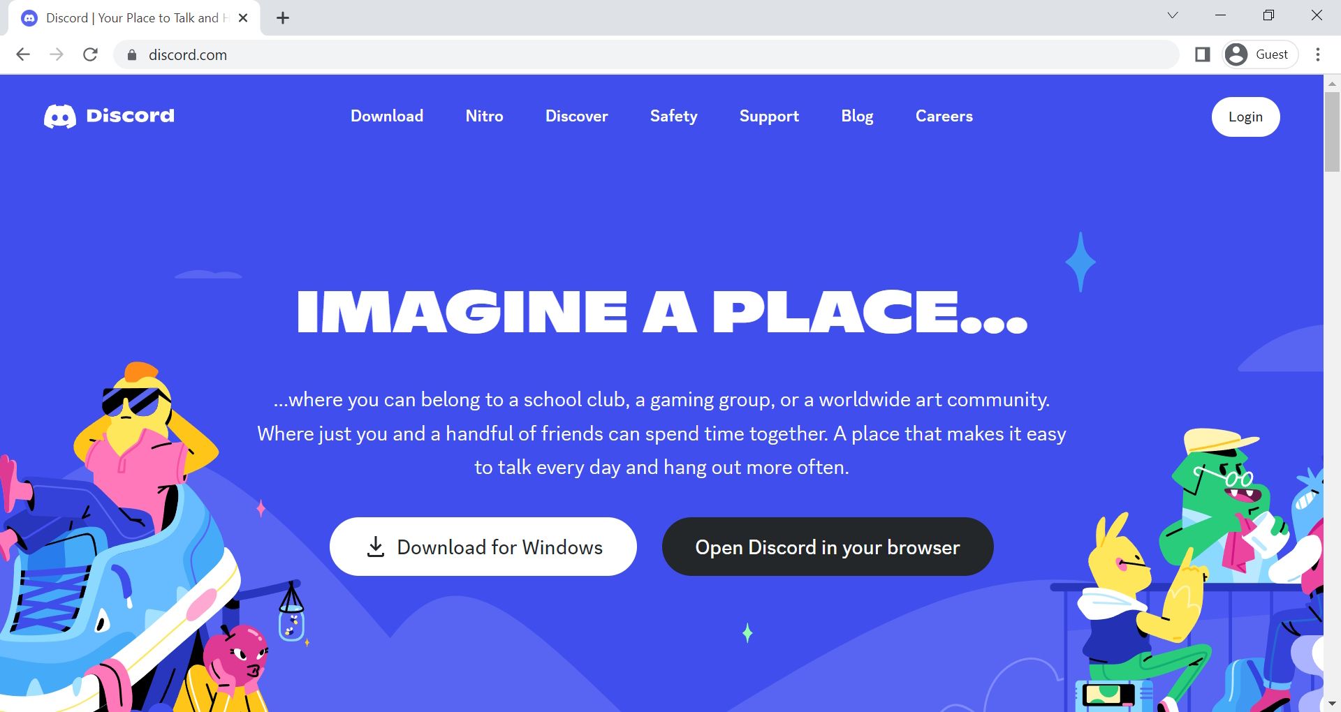 Display of the Discord home page on Google Chrome desktop
