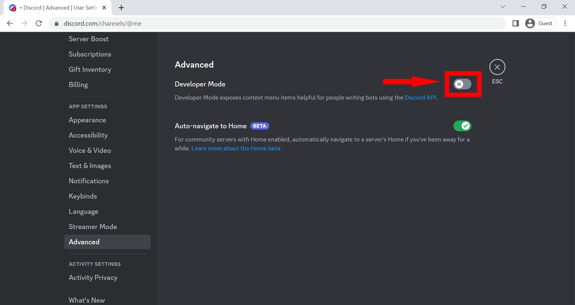 Red solid arrow pointing to red rectangle outline over Developer Mode toggle switch (Discord web page)