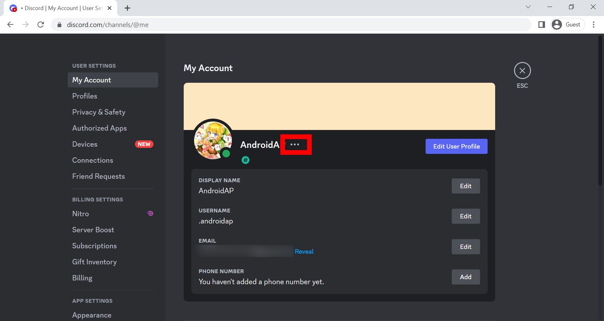 Red rectangle outline over three horizontal dots by account settings on the Discord web page