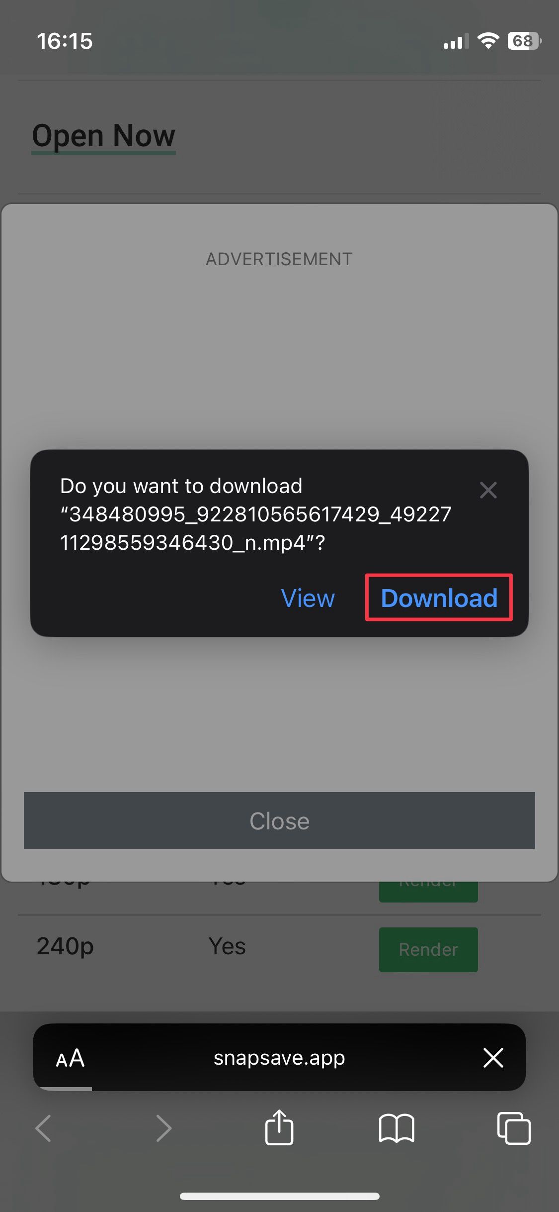 Screenshot showing popup window download option