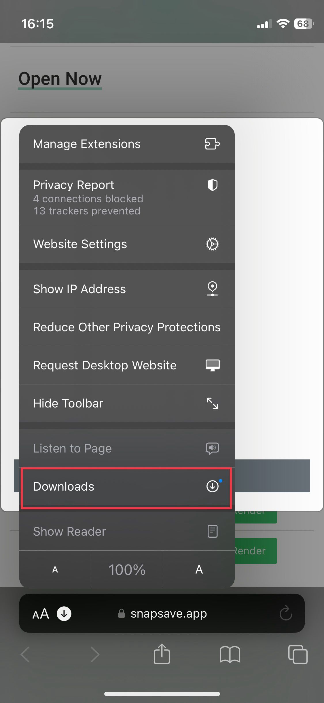 Download button menu option screenshot