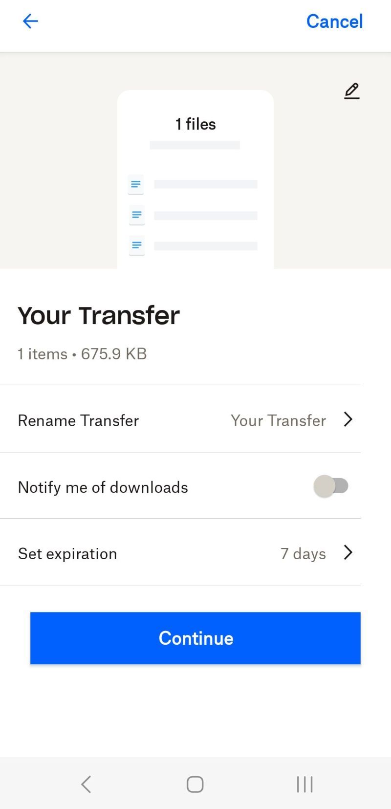 Screenshot of transfer options in Dropbox