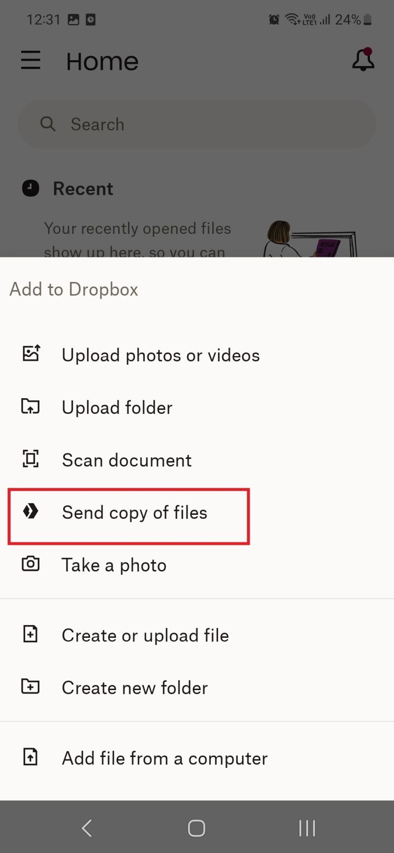 Screenshot of Send copy of files option in dropbox