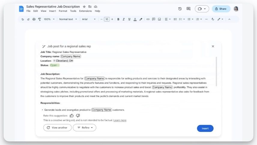 Screenshot showing Duet AI working in Google Docs