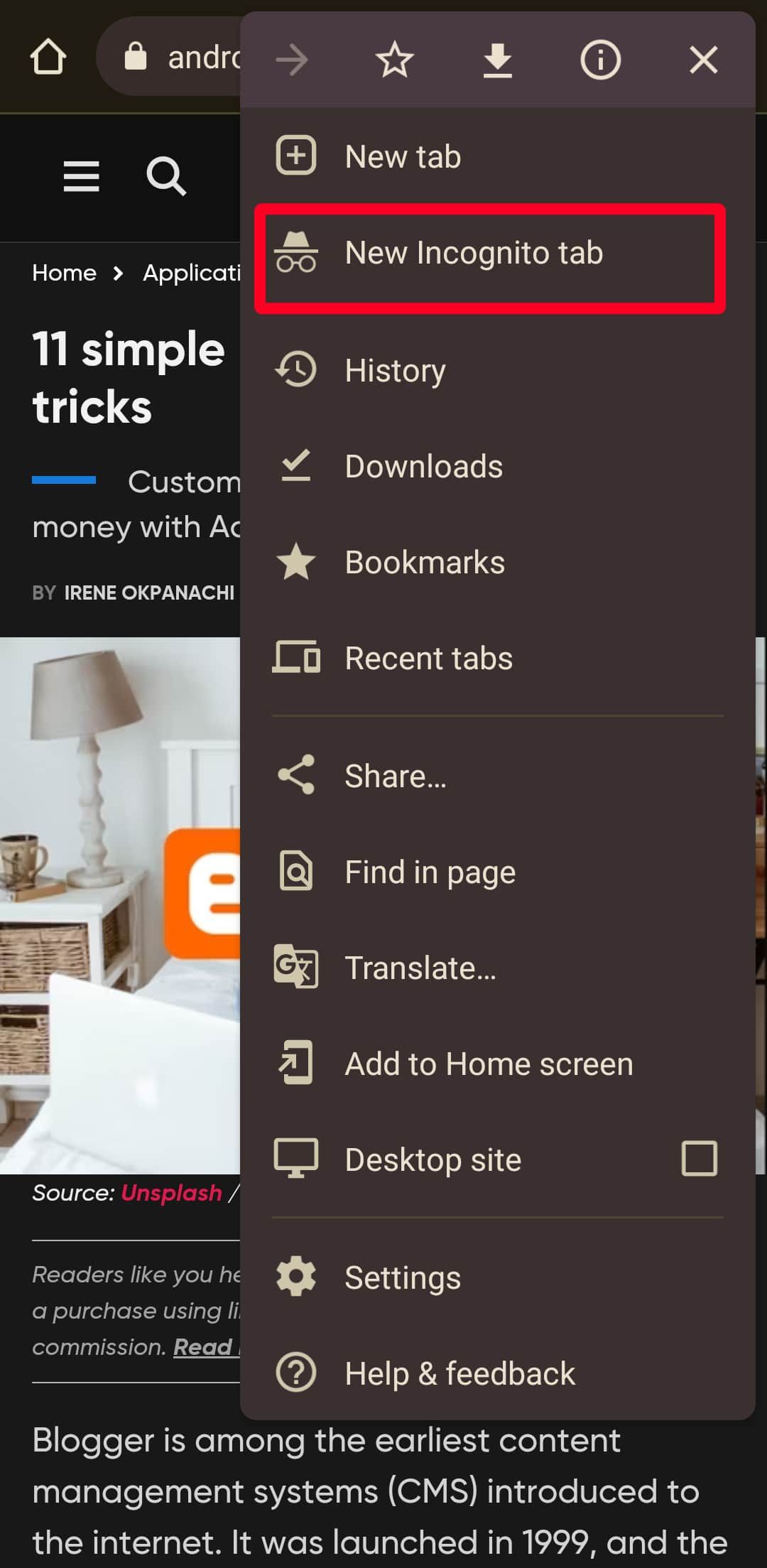 Enabling Unusual Incognito tab mode in Chrome mobile broswer