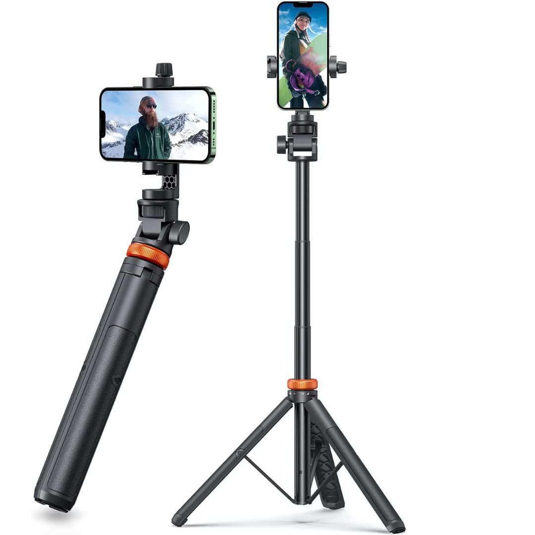 tongkat selfie eucos dan menggunakan tripod ponsel dengan smartphone terpasang.
