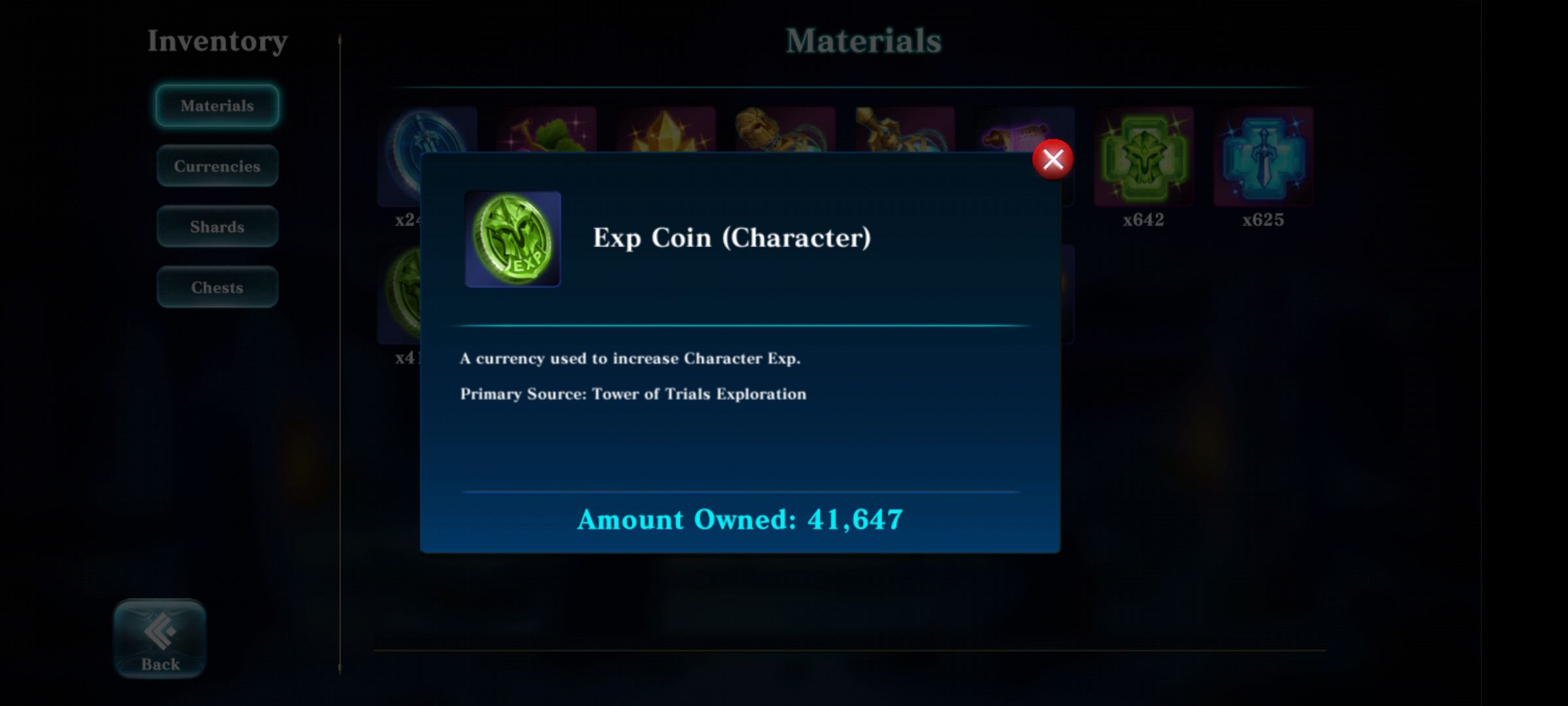 exp coin (character) description with the amount owned
