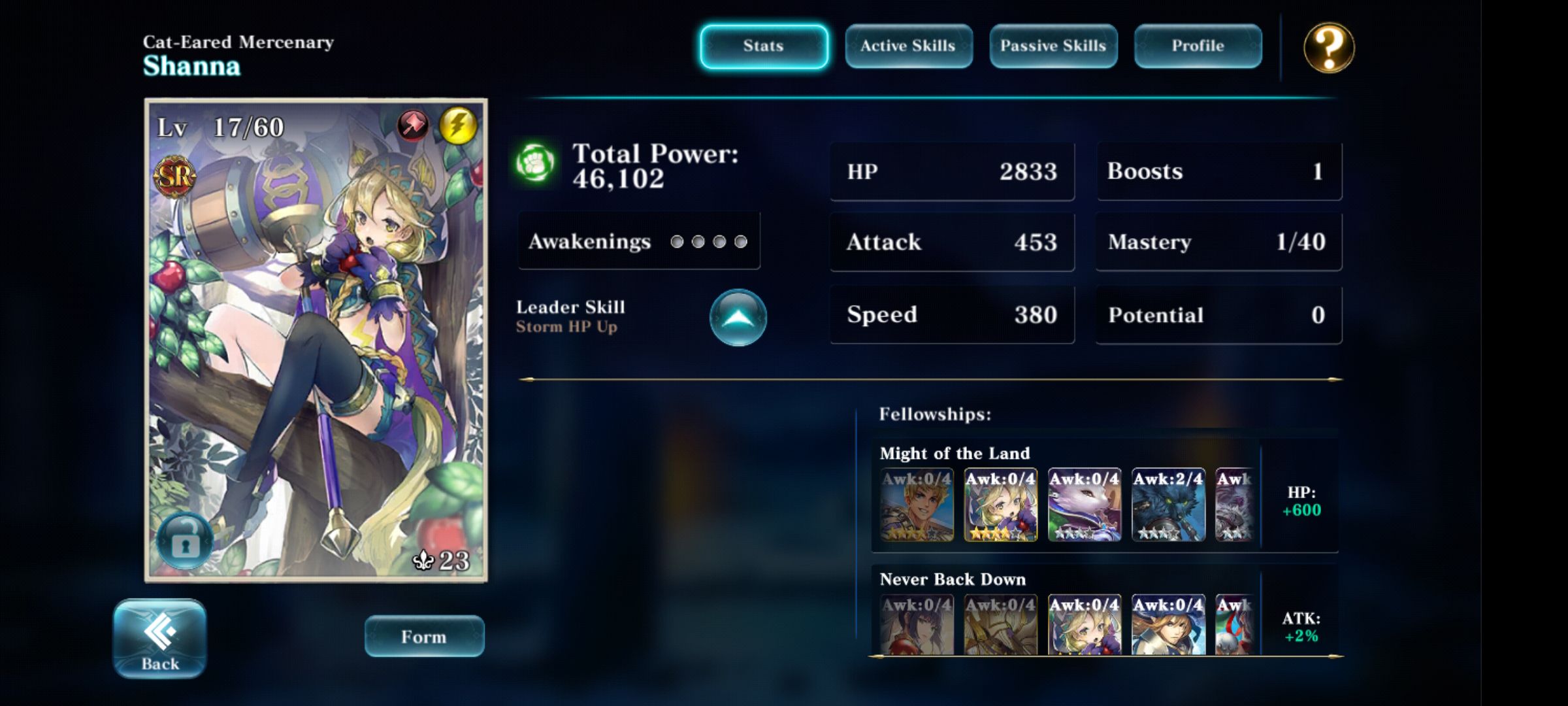 shanna stats and total power display with character art on left side