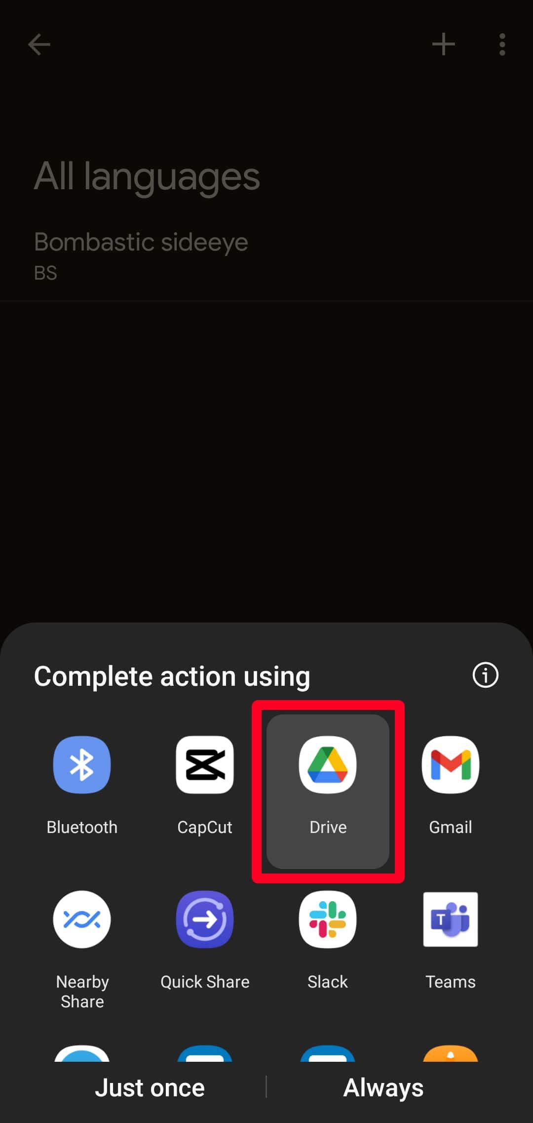 Screenshot showing how to export Gboard personal dictionary to Google Drive