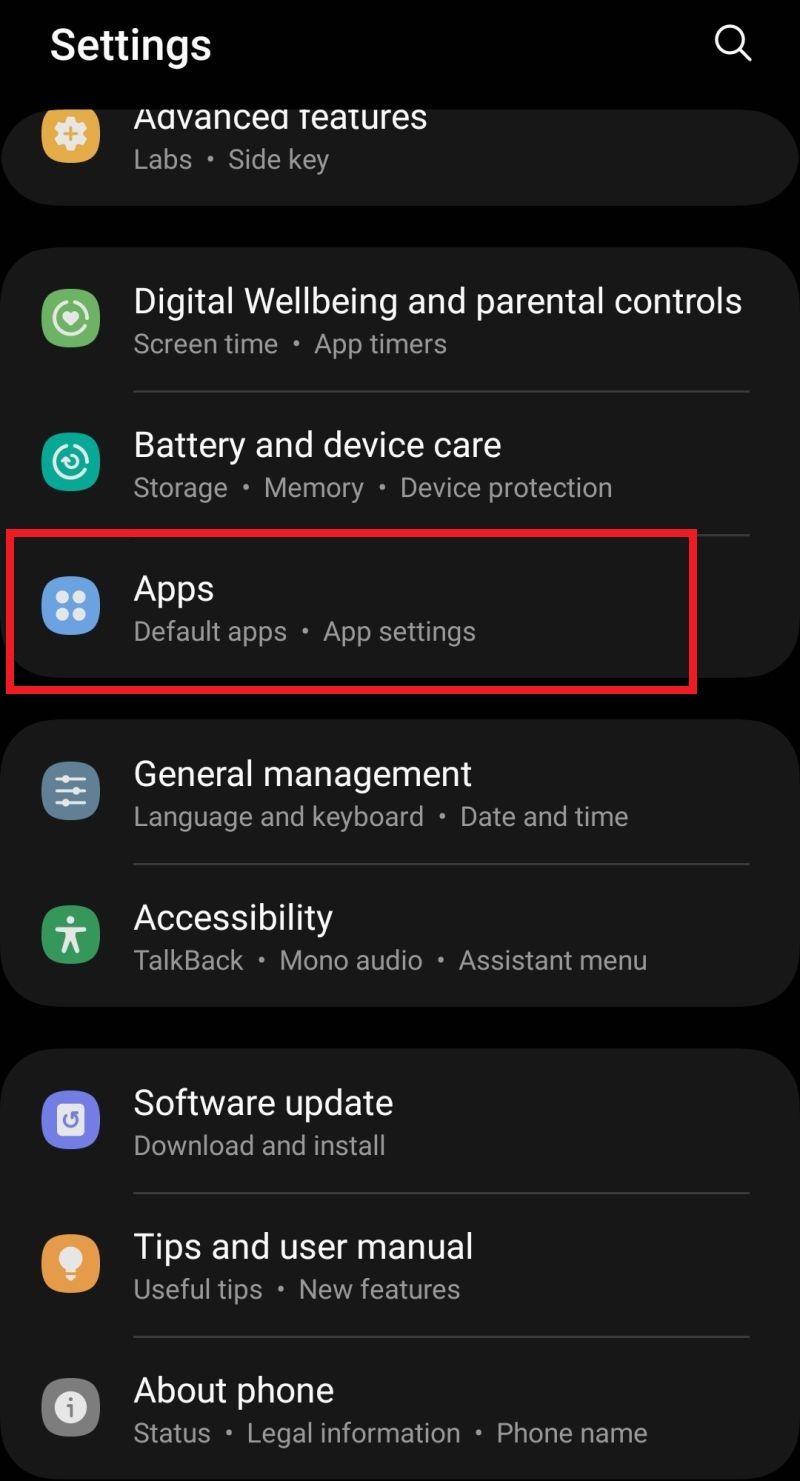 Screenshot of Apps option under Settings