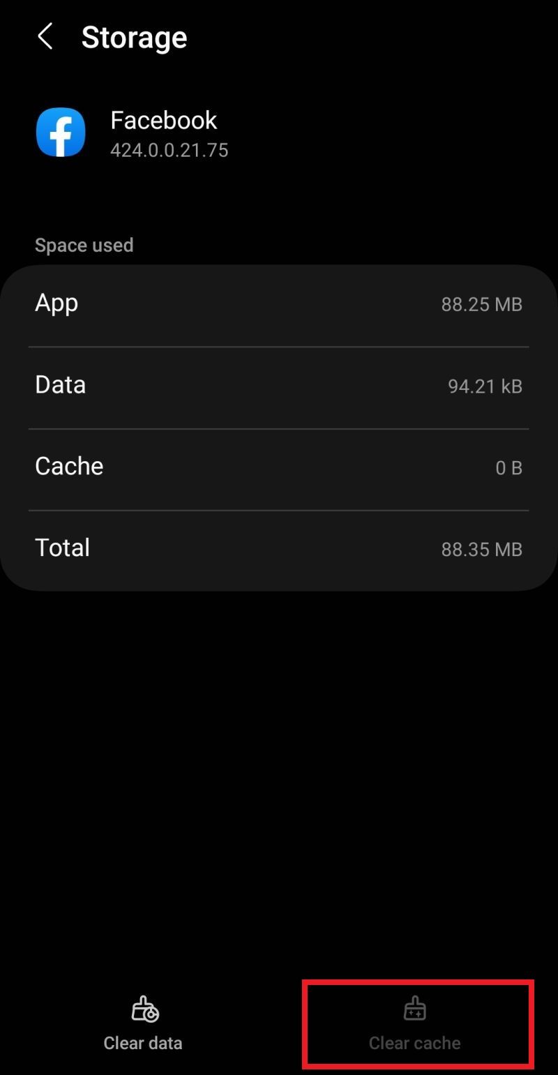 Screenshot of Facebook's clear cache option