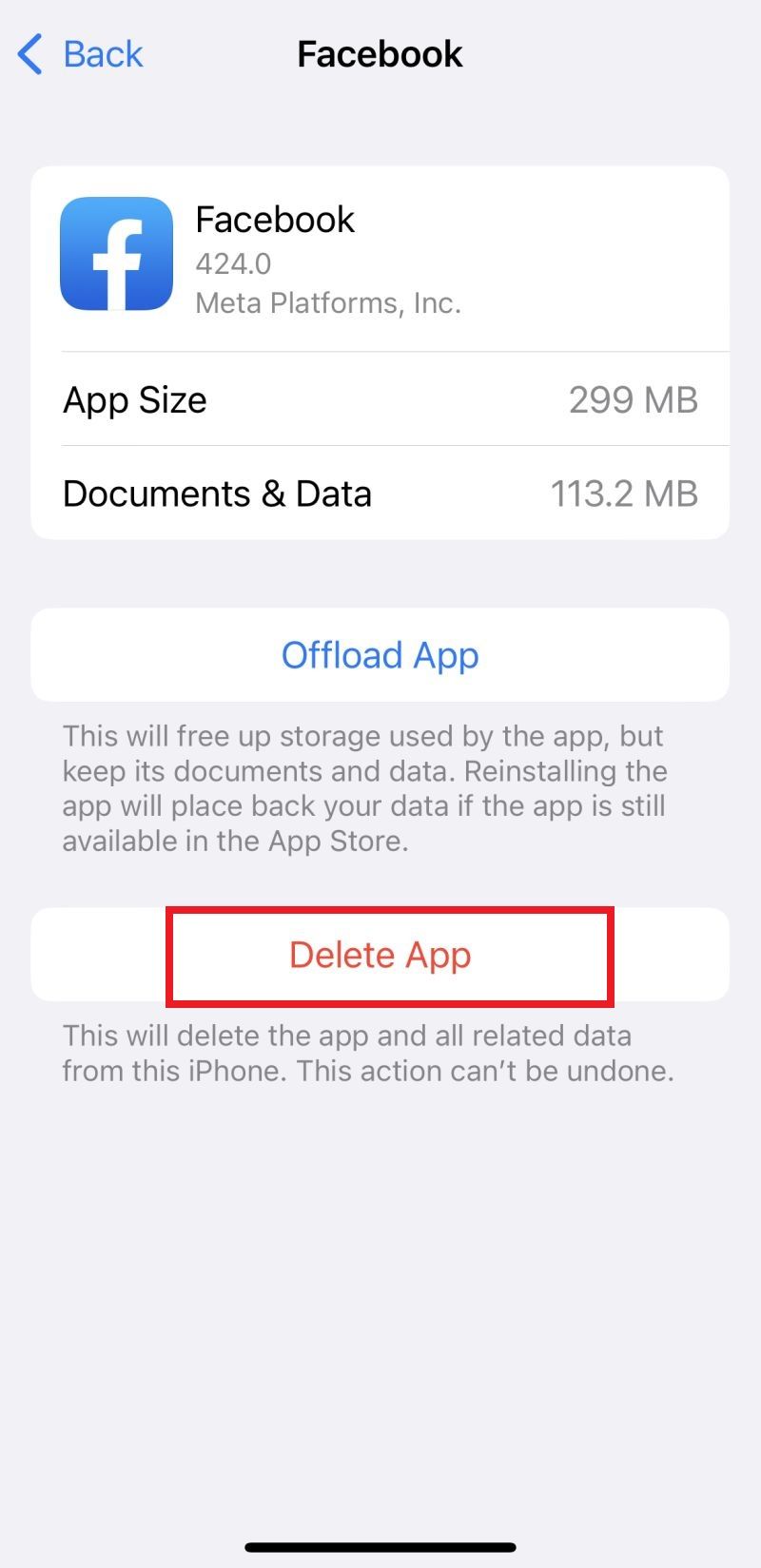 Screenshot of Delete App option for Facebook on iPhone