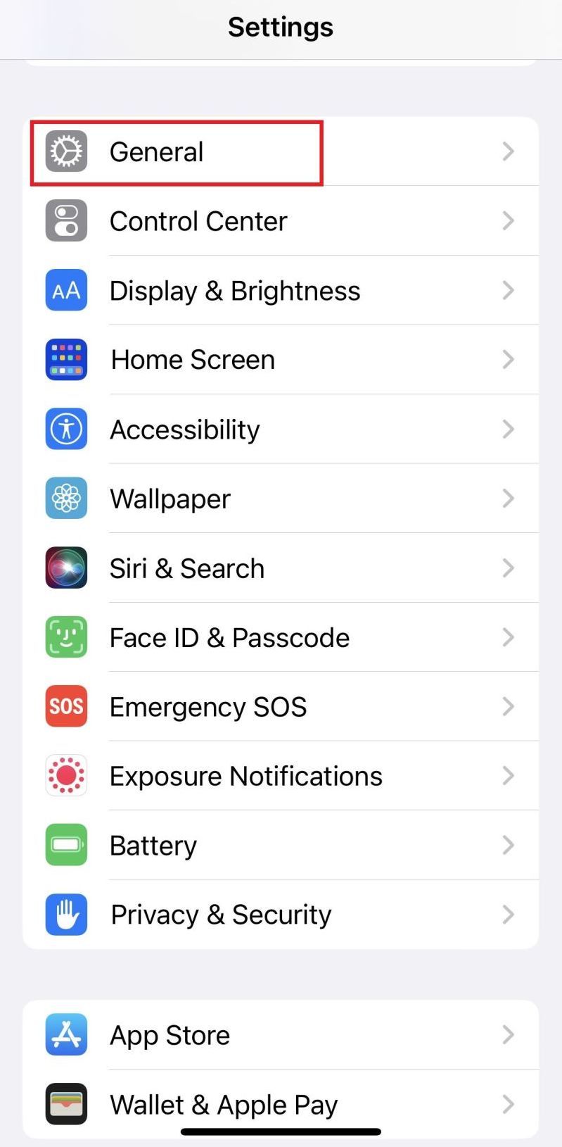 Screenshot of General option under iPhone's Settings