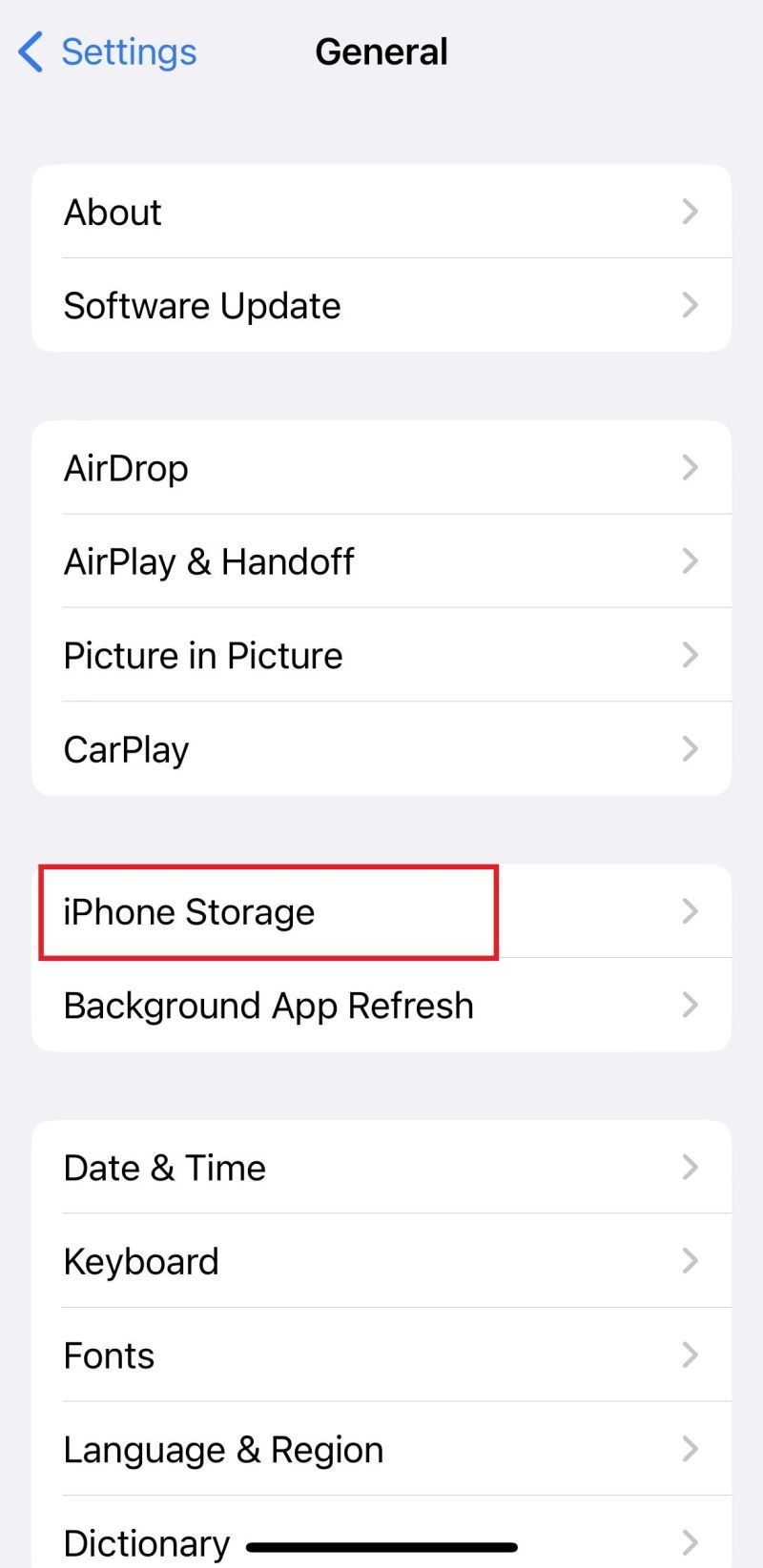 Screenshot of iPhone Storage option under Settings