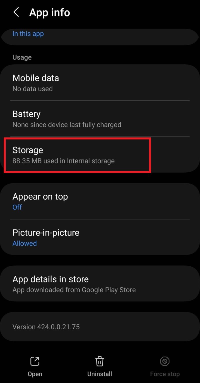 Screenshot of Storage option under Facebook's app info
