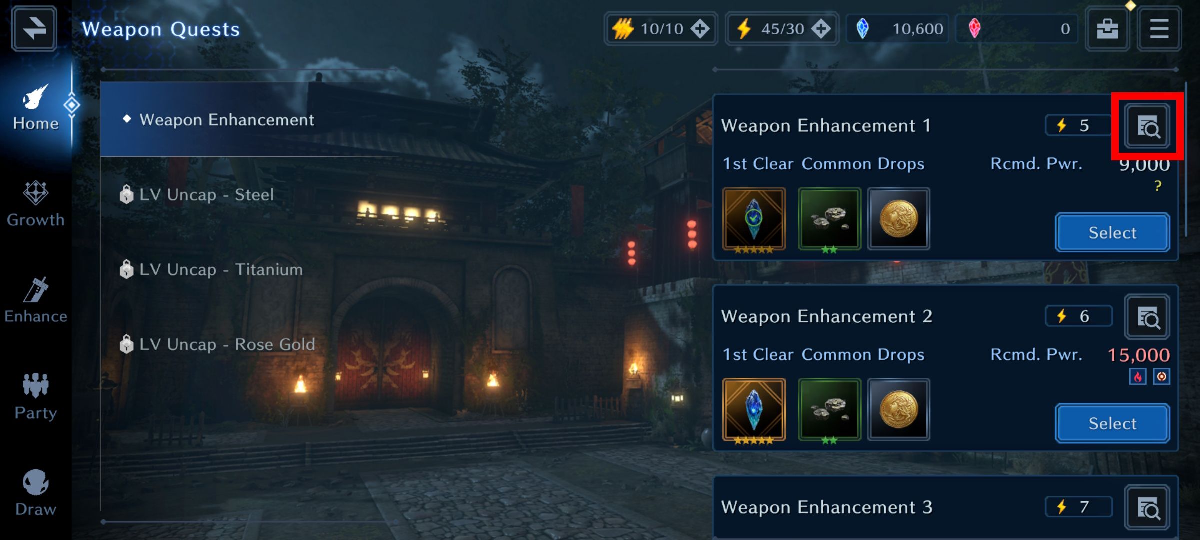 Rectángulo rojo sobre el botón de más información en Final Fantasy VII: Ever Crisis