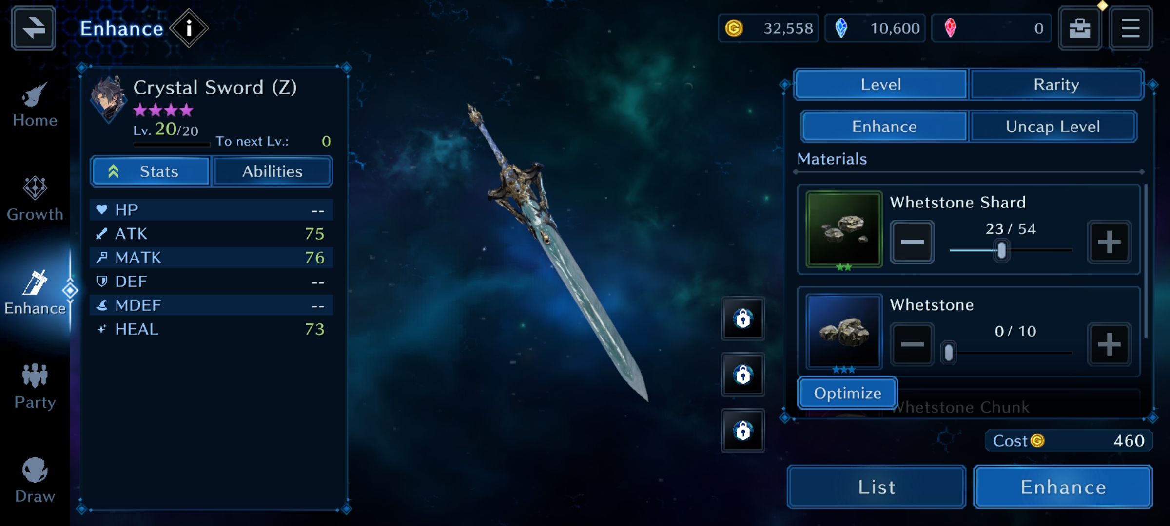 Preview of weapon enhancement display with field matter choices in Closing Chronicle VII: Ever Crisis