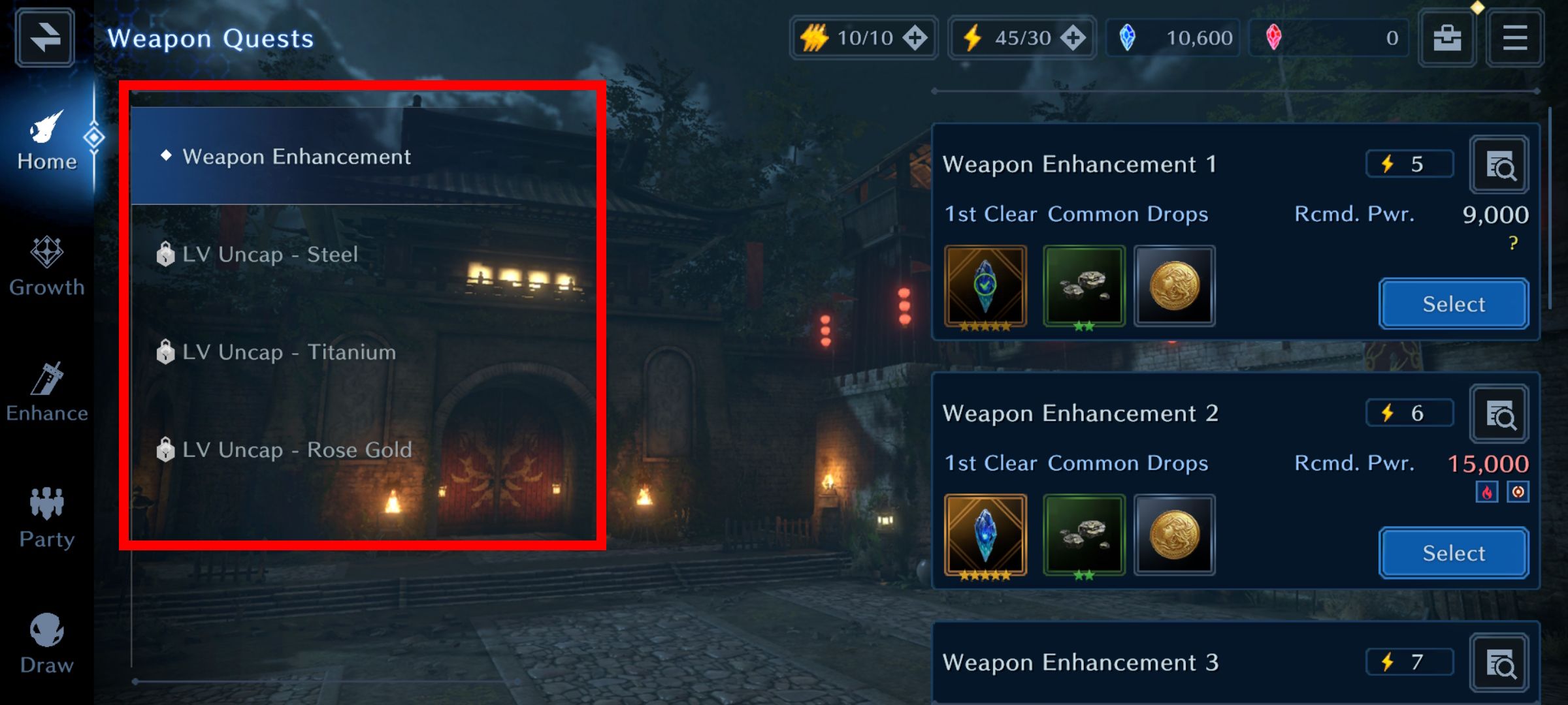 Crimson rectangle define over locked and unlocked weapon enhancement missions below Solo Snort material in Closing Delusion VII: Ever Disaster