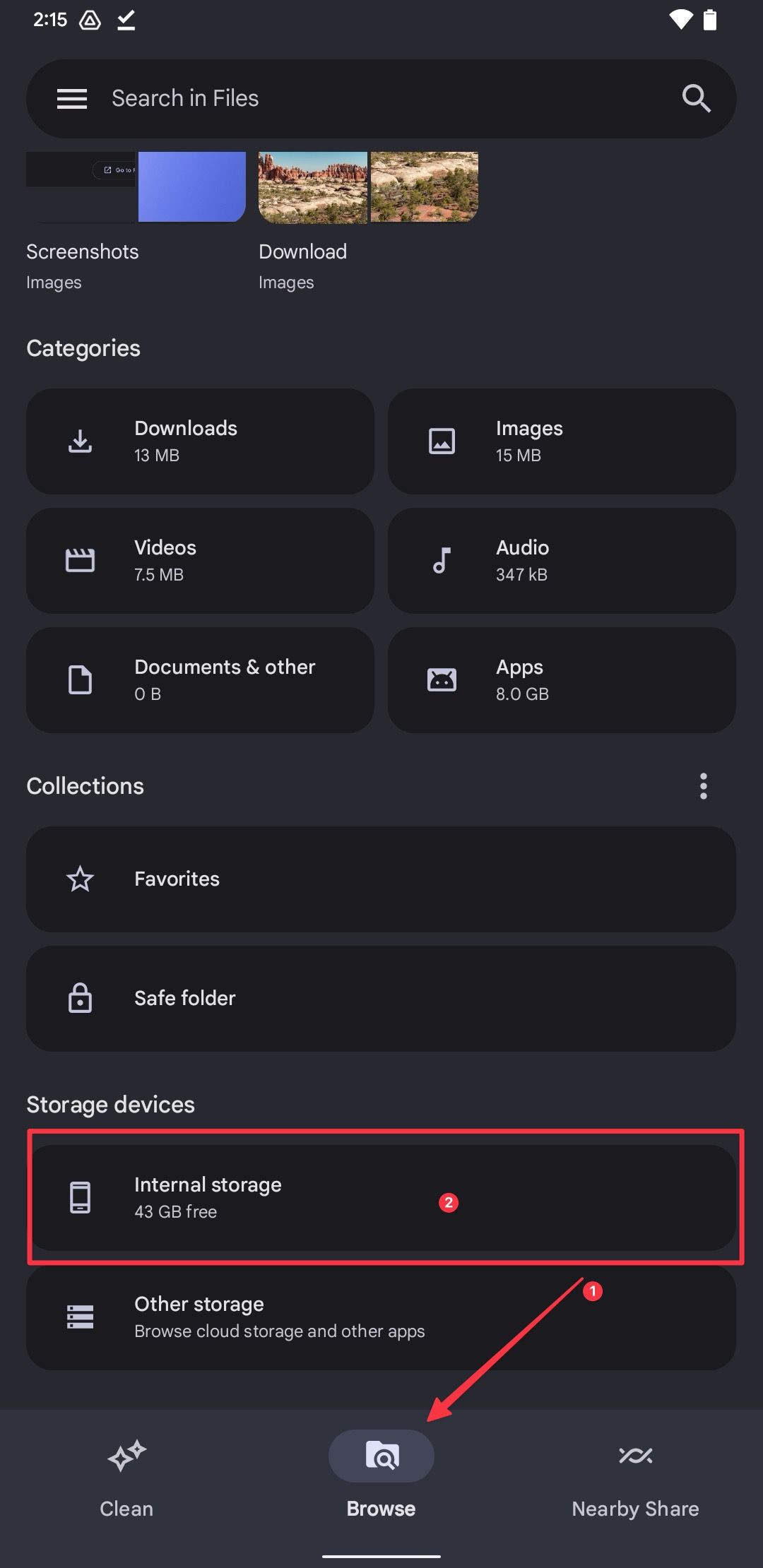 Files by Google home page screenshot showing internal storage option