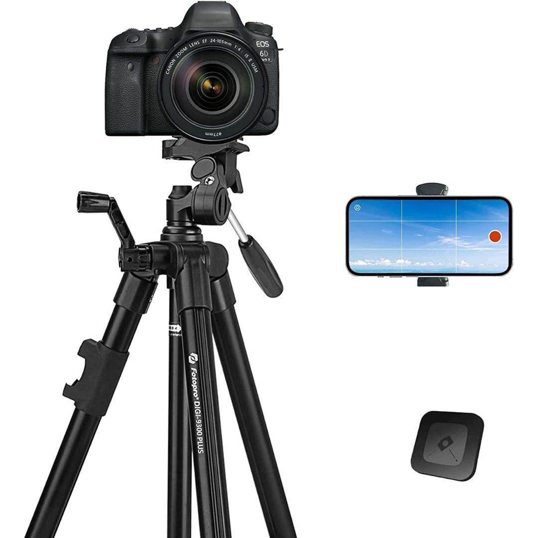 Tripod Fotopro 48 inci dengan kamera terpasang dan gambar sisipan smartphone