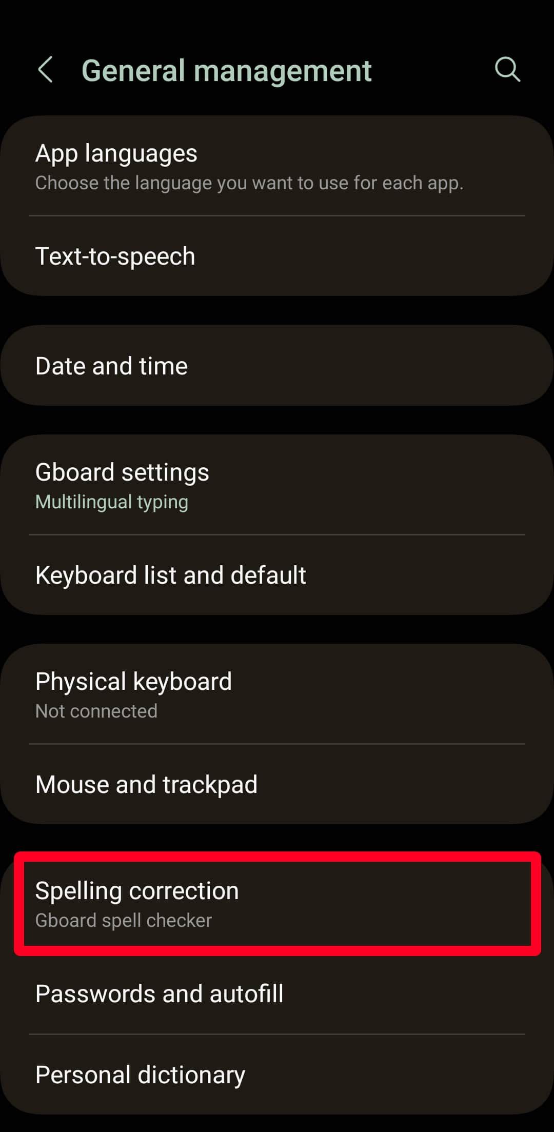 General Management menu in Android settings