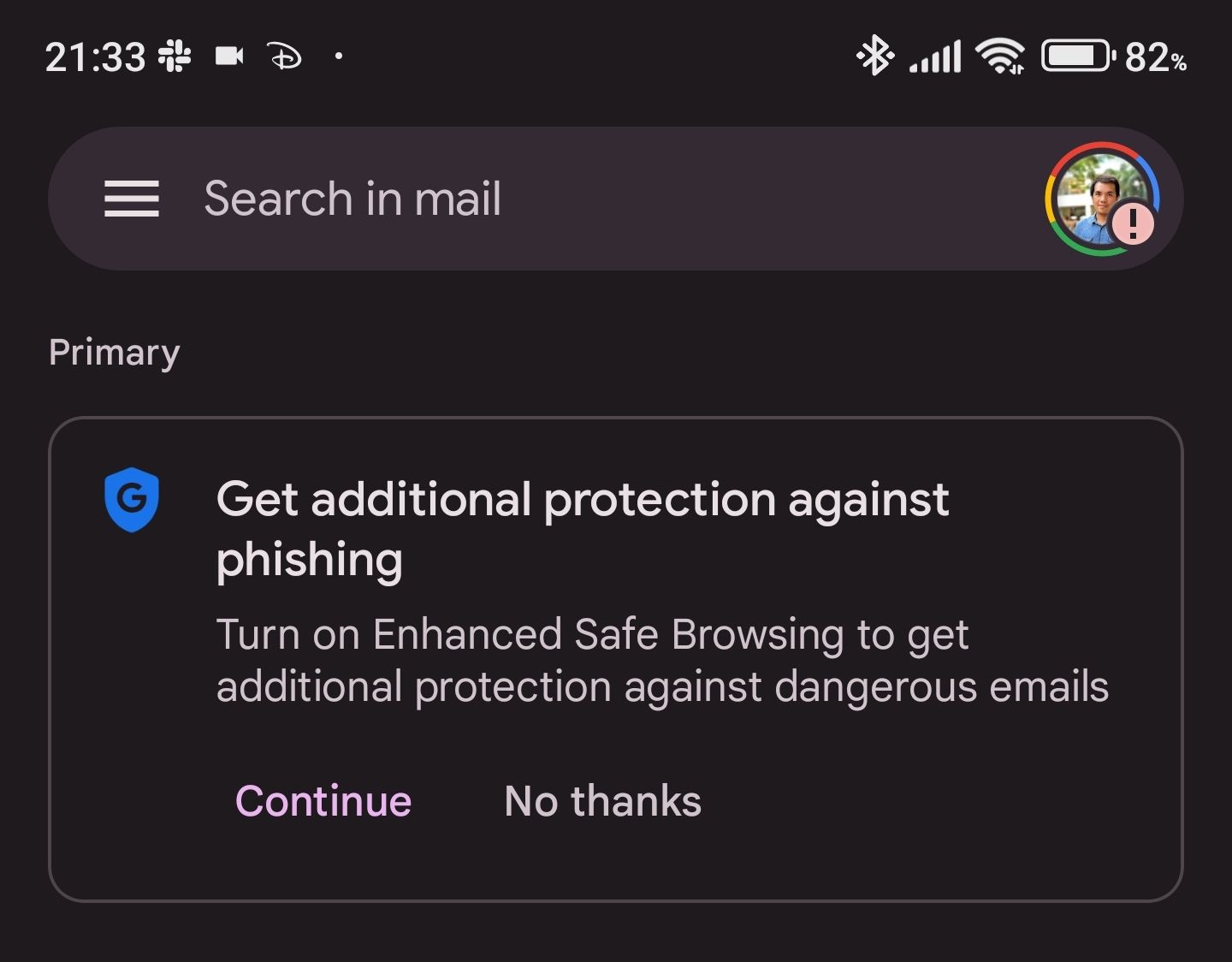 رسالة منبثقة للتصفح الآمن المحسّن في Gmail على Android