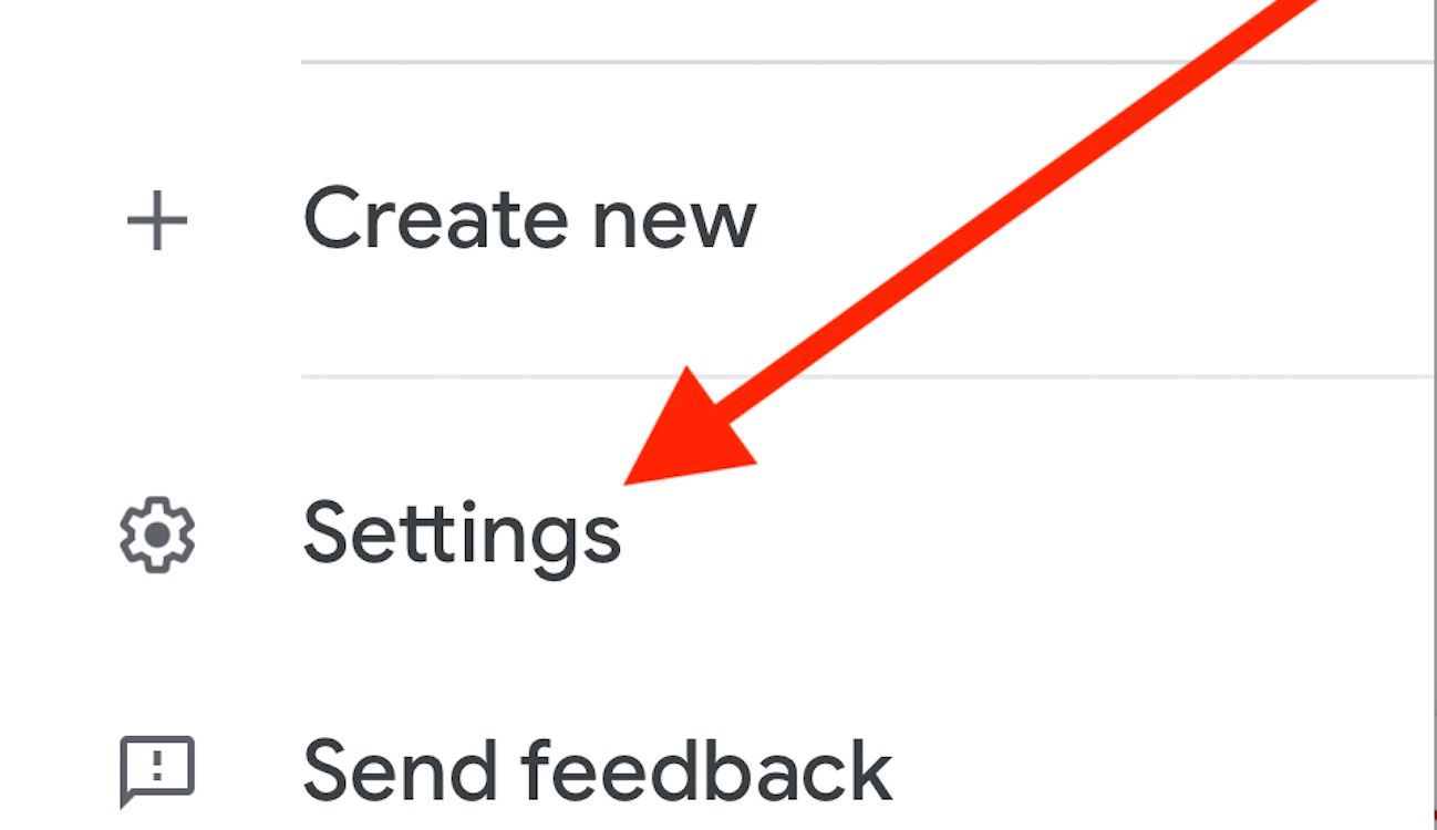 The Gmail app sidebar with a red arrow pointing to the Settings option