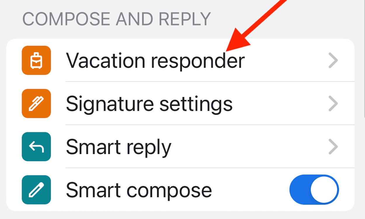 The Gmail app settings menu with a red arrow pointing to the Vacation Responder option.