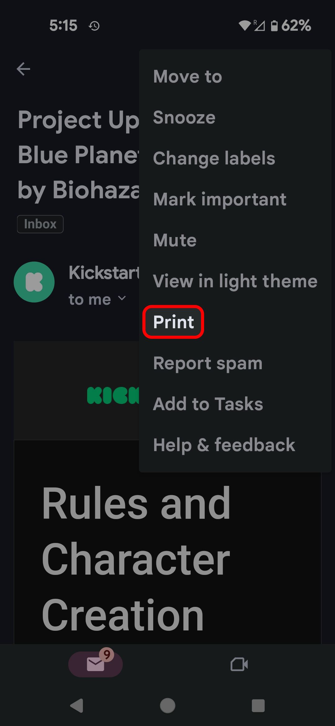 Gmail three-dot menu highlighting the Print option