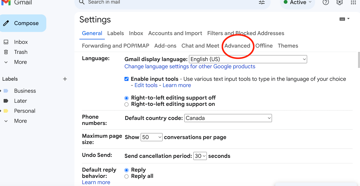 The web-based Gmail settings screen with a red circle around the Advanced settings tab